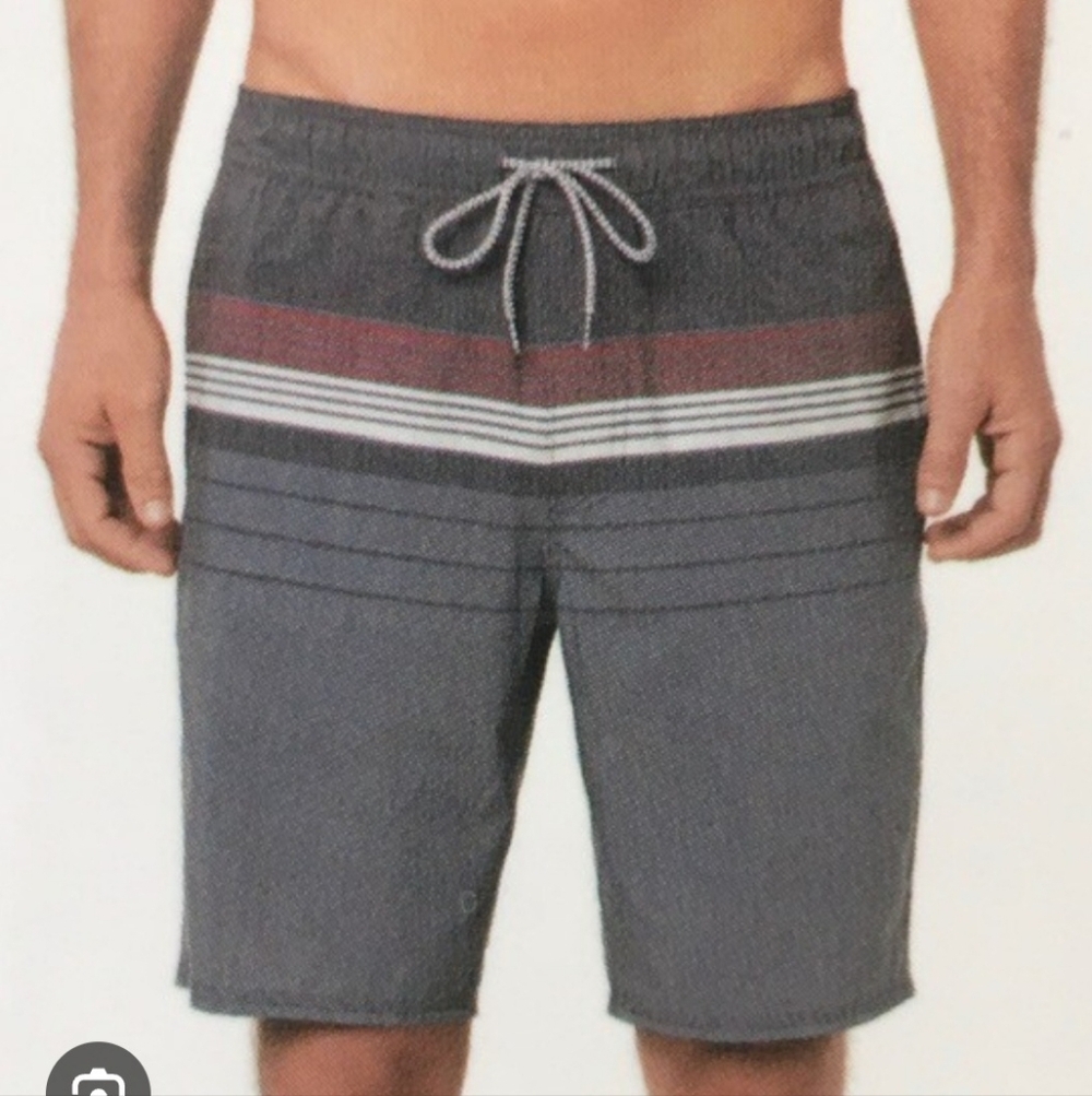 Hang Ten Men's Gray and Maroon Striped Board Shorts Size Xxl.
